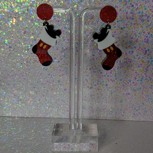 Mickey Mouse red glitter stocking acrylic drop earrings - Picture 6 of 8